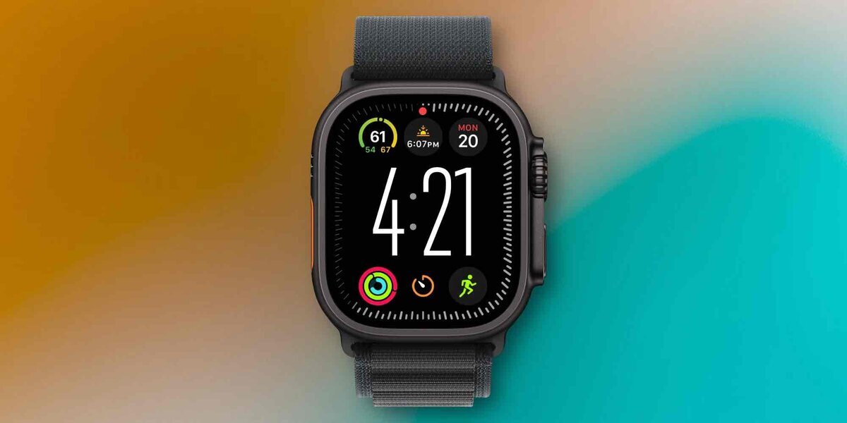 複数のコンプリケーションを表示したApple Watch Ultraが、ぼかした背景の中央に写っている画像