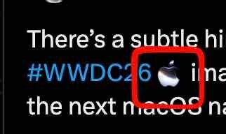 黒背景の投稿文の一部に、青い「#WWDC26」と小さなAppleロゴ画像が表示されているスクリーンショット