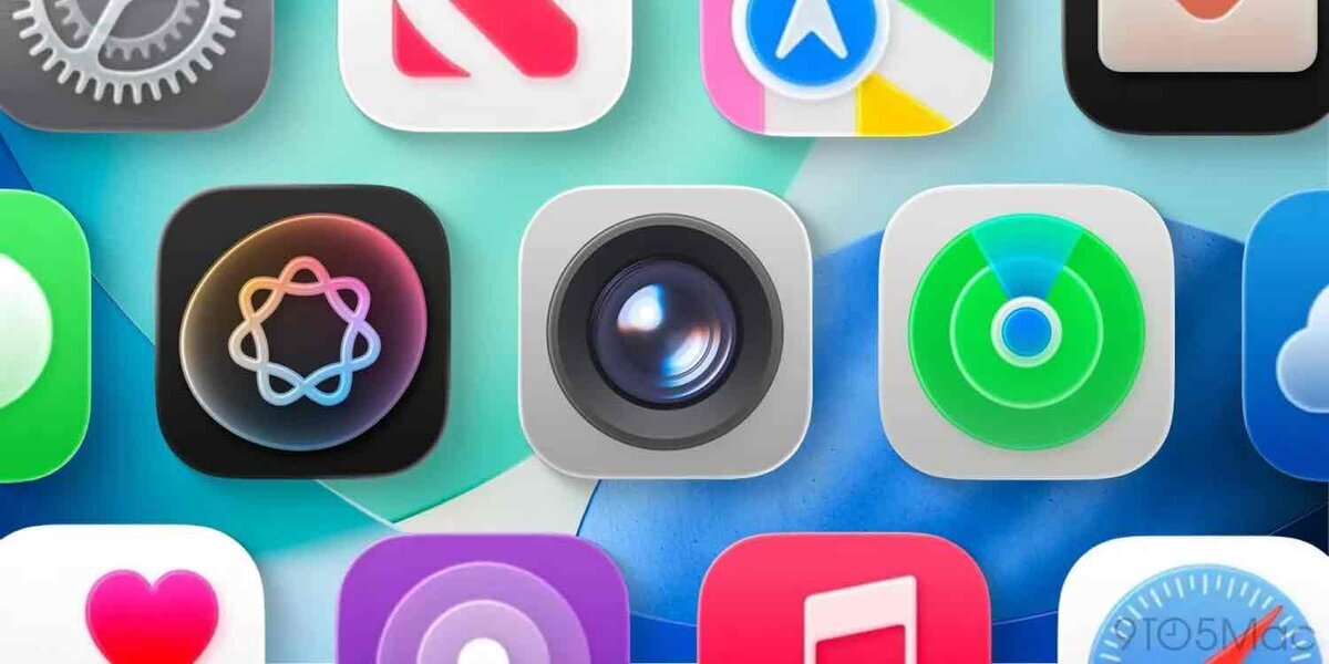 iOS 27でデザイン刷新が噂されるiPhone純正アプリのアイコン群。中央にカメラ、周囲にSiriや探す、Safariなどが並ぶイメージ