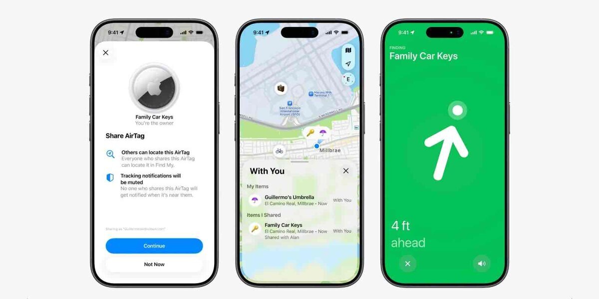 iPhoneの「探す」アプリでAirTagを共有し、地図上の位置確認と正確な場所を見つける画面を表示している様子