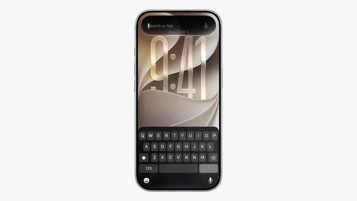 iOS 27のSiri AI画面イメージ。iPhone上部に「Search or Ask」検索バー、下部にキーボードが表示されている