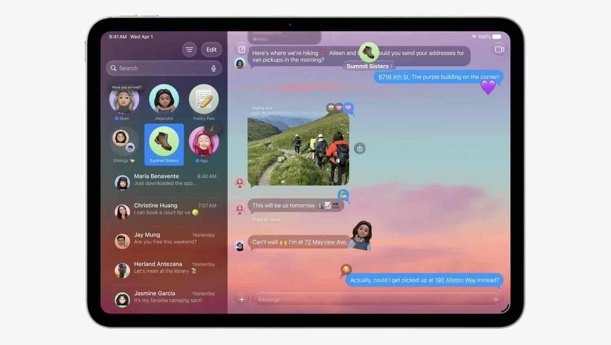 iPadOS 27のメッセージ画面で、Liquid Glass風の半透明UIとグループチャットが表示されているiPad