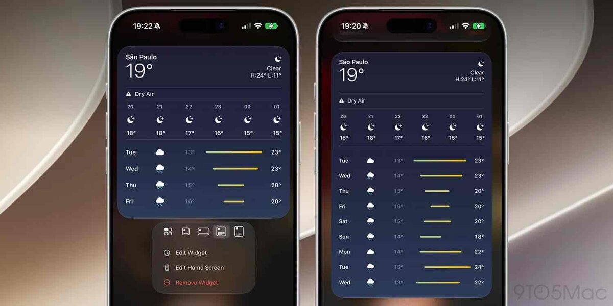 iOS 27で追加された4×6特大ウィジェットをiPhoneのホーム画面に表示した例。天気ウィジェットが大きく表示され、サイズ変更メニューも確認できる