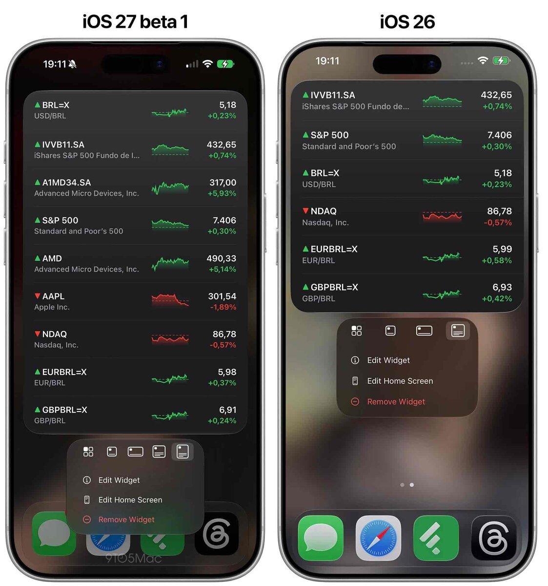 iOS 27 beta 1とiOS 26の株価ウィジェットサイズを比較したiPhone画面。iOS 27では特大ウィジェットが追加され、表示できる情報量が増えている