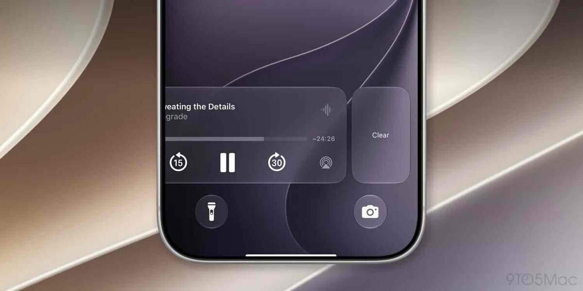 iOS 27でロック画面の再生中ウィジェットをスワイプ消去する画面。音楽やPodcastの再生パネル横にClearボタンが表示されている