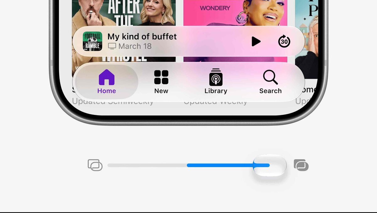 iPhoneのPodcastアプリ下部にLiquid Glass風の再生バーとタブバーが表示され、下に透明度調整スライダーが並んでいる画像