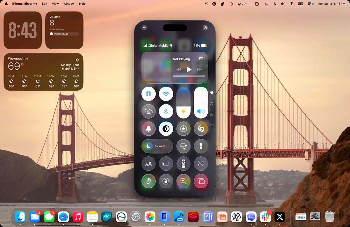 macOS 27 Golden Gateで進化したiPhoneミラーリング。Mac上にiPhoneのコントロールセンターを表示し、Wi-Fiや音量などを操作できる画面