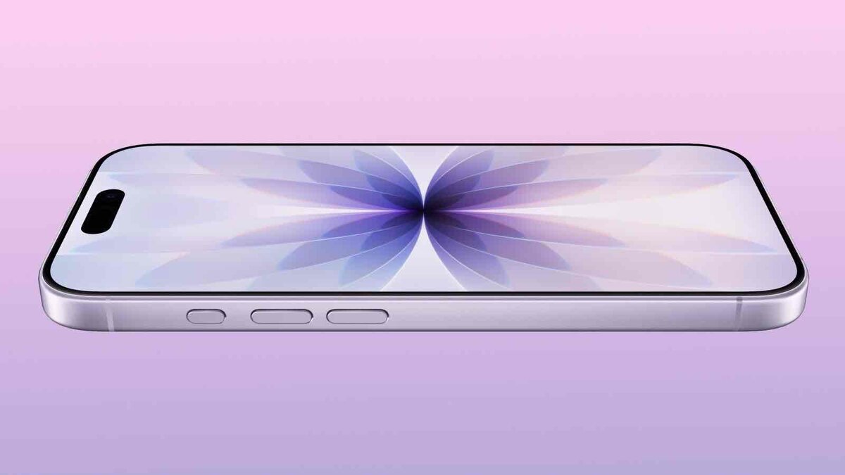 iOS 27対応のiPhone Air(ラベンダーカラー)を斜め俯瞰で捉えたイメージ。Dynamic Islandとサイドの3ボタンが確認でき、画面には紫と青のグラデーションによる花弁状の壁紙が表示されている