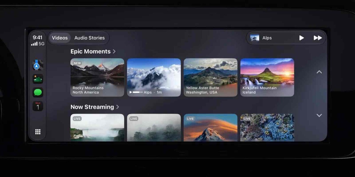 CarPlayの車載画面に山や風景の動画一覧と右上のミニプレーヤーが表示されている