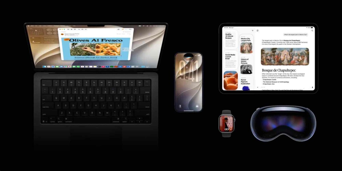 黒い背景に並ぶMacBook、iPhone、iPad、Apple Watch、Apple Vision Pro