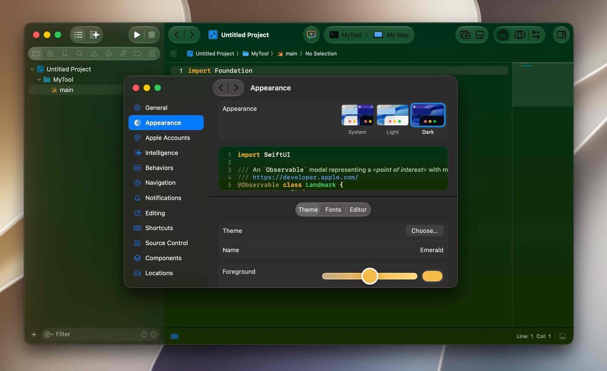 Xcodeの環境設定のAppearance画面。System・Light・Darkの3つの外観から選べ、下にはThemeやForegroundの色合いを調整するスライダーが並んでいる