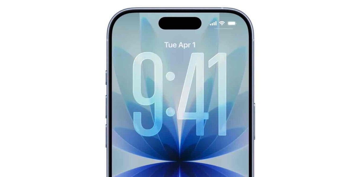 ロック画面に9時41分と表示されたiPhoneの上半分、青い花柄の壁紙とDynamic Island