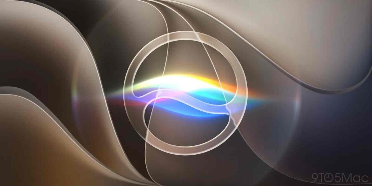 Siriを表す円形のリングの中央で、虹色の光の帯が波打つ抽象的なグラフィック