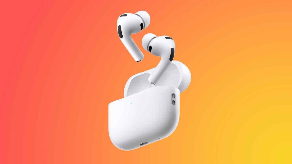 オレンジからピンクのグラデーション背景に浮かぶ、AirPods Proに似た白いワイヤレスイヤホン2つと充電ケース