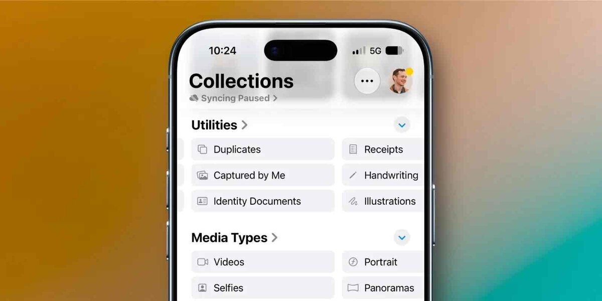 iPhoneのコレクション画面。ユーティリティ欄にDuplicates、Captured by Me、Identity Documents、Receipts、Handwriting、Illustrationsが並ぶ