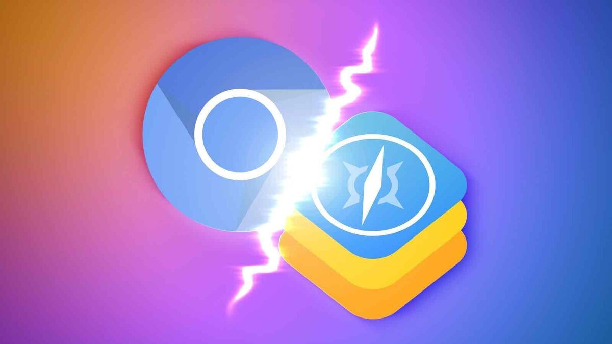 Chromiumのアイコンと、Safari風アイコンを乗せた積み重なったレイヤーが、稲妻を挟んで左右に向き合うイメージ画像