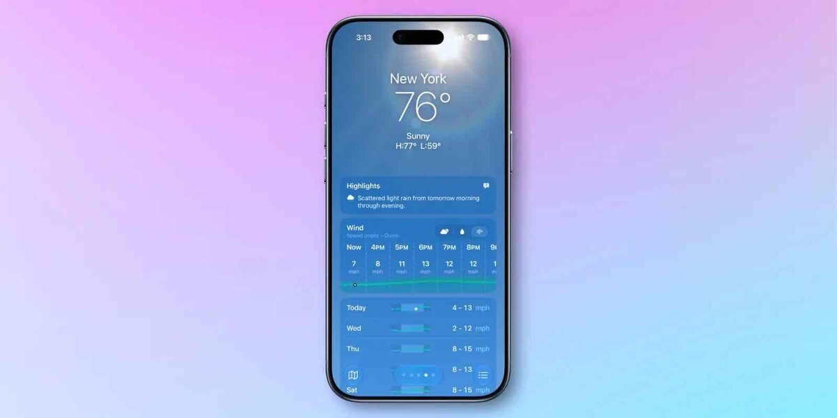 iPhone全体の天気アプリ画面。New Yorkの気温76度の下にHighlightsがあり、その下のWindビューで時間別の風速とグラフ、日別の風速レンジが表示されている