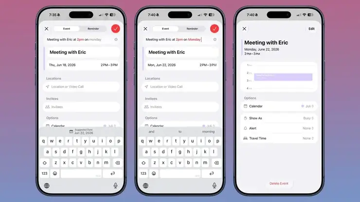 iPhoneの3画面。カレンダーに「Meeting with Eric at 2pm on monday」と自然文で入力すると、6月22日（月）14〜15時のイベントが自動で作成される様子