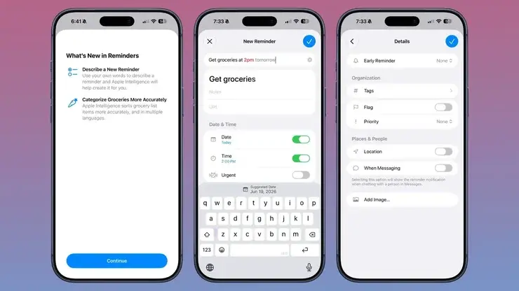 iPhoneの3画面。リマインダーの新機能紹介画面と、「Get groceries at 2pm tomorrow」と自然文で入力して日付・時刻が自動入力される様子、詳細設定画面