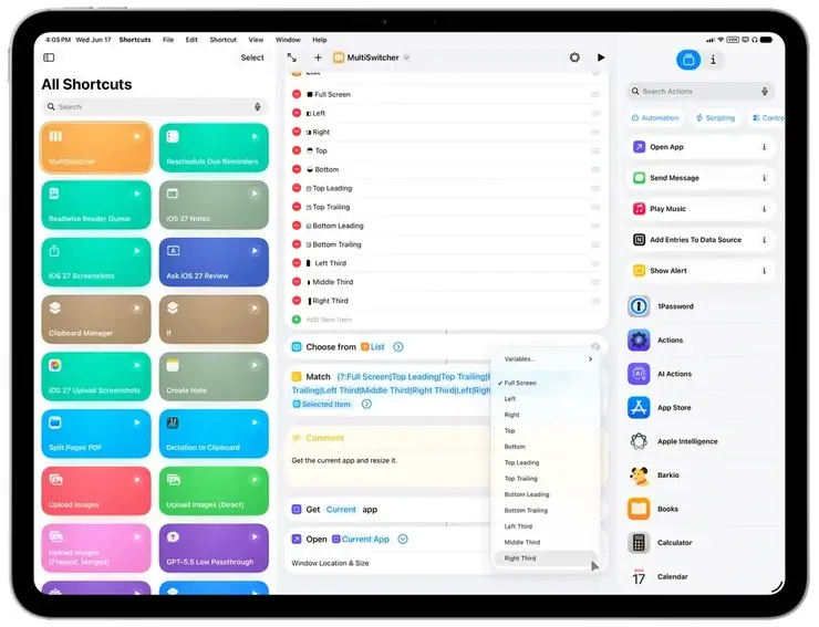 ショートカットアプリの編集画面。MultiSwitcherという名前のショートカットに、全画面や左・右などの配置候補を並べたリスト、現在のアプリを取得するアクション、ウィンドウの位置とサイズを指定してアプリを開くアクションが組まれている画面