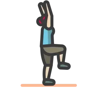 青いトップスの人物が、両腕を上げて片方の膝を曲げる立ちポーズで動くアニメーションのステッカー