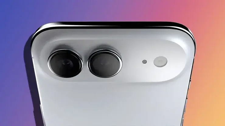 紫からオレンジへのグラデーション背景に浮かぶ、白い本体のiPhone背面上部のレンダリング。横並びの2眼カメラとフラッシュ、マイク穴が見える