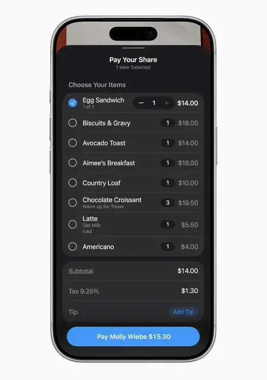 iPhoneの「Pay Your Share」画面。朝食メニューの項目と金額が並び、小計・税・チップの下に「Pay Molly Wiebe $15.30」のボタンが表示されている