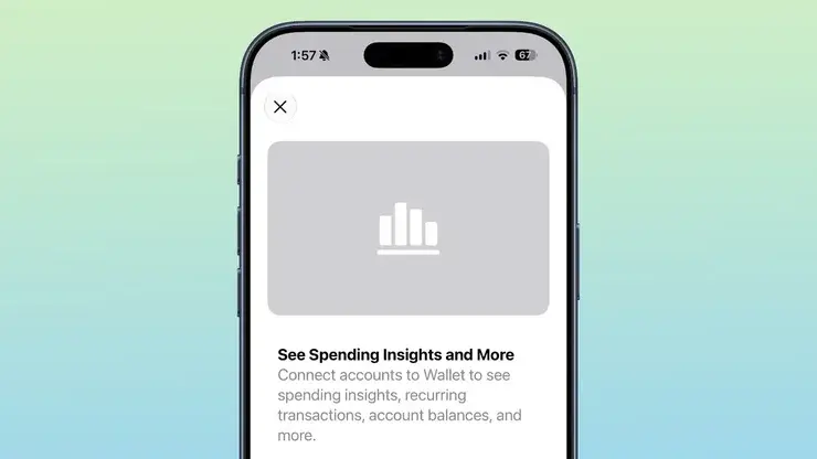 iPhoneのWalletに表示されたSee Spending Insights and Moreの案内画面。棒グラフのアイコンと、口座を接続して支出傾向や残高を見られるという説明文