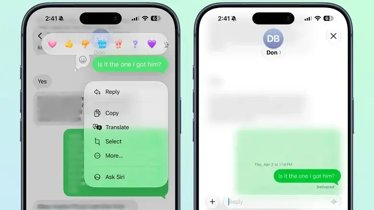 2台のiPhone。左は緑のRCSメッセージに絵文字のTapbackバーとReplyを含むメニュー、右はその発言に返信する画面