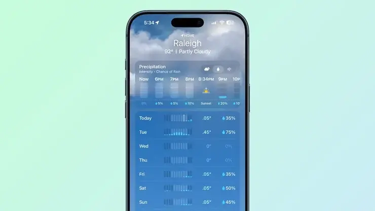 iPhoneの天気アプリ。Raleighの時間ごとの降水量と、各曜日の降水確率が明るい青色で表示されている