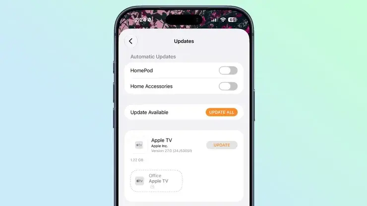ホームAppのアップデート画面。HomePodとHome Accessoriesの自動更新スイッチと、Apple TVのバージョン27.0・1.22GB・UPDATEボタン