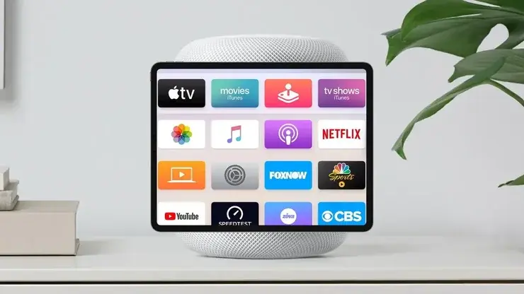 前面にディスプレイを備えたHomePod型デバイスのレンダー画像。画面にApple TVや写真、ミュージック、Netflixなどのアプリのアイコンが並ぶ
