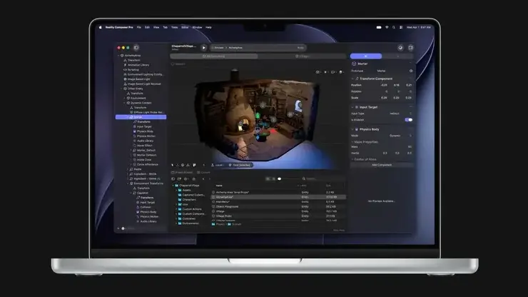 Reality Composer Proの編集画面。左にエンティティの階層リスト、中央に3Dシーンのプレビュー、右にTransformやPhysics Bodyなどのインスペクタが並ぶ