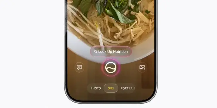 iPhoneのカメラを麺料理のボウルに向けた画面。虫めがねアイコン付きの「Look Up Nutrition」というラベルが表示されている