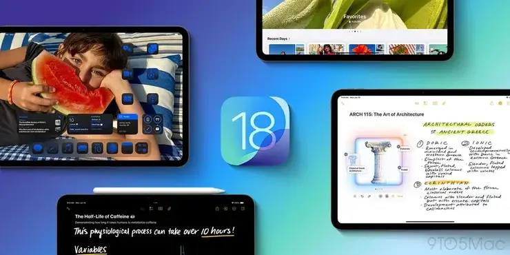 iPadOS 18の紹介画像。複数のiPadに写真アプリやメモ、ホーム画面ウィジェットが映り、中央にiPadOS 18のロゴ