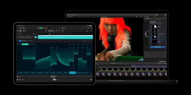 MacBookに表示されたFinal Cut ProのAuto Mask機能で、オレンジ色の髪の人物の映像からPeople・Skin・Hairなどのマスク候補を選択している画面と、iPadに表示されたLogic ProのBeat Breakerで波形を編集している画面