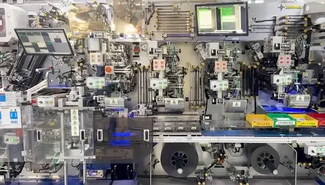 多数のモニターや機械アームが並ぶ大型の自動生産装置。緑色の画面に検査データが表示され、手前にコンベアと部品を仕分ける箱が並んでいる