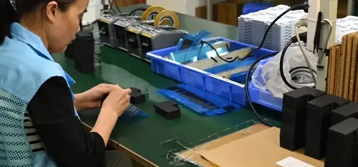 青いベストの女性作業者が作業台に向かい、黒いバッテリー部品の束を手に取っている。手前にはテープのディスペンサーが並んでいる