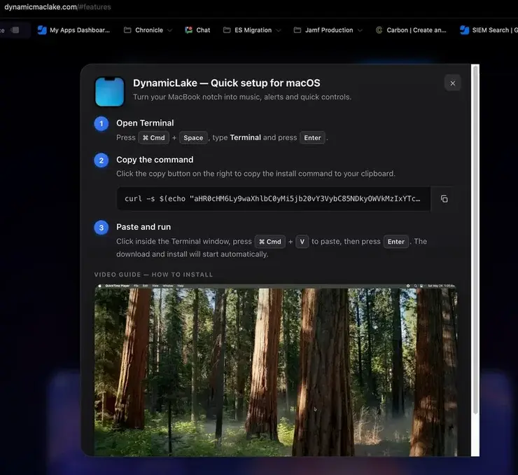 偽サイトのインストール手順画面のスクリーンショット。ターミナルを開いてcurlコマンドを貼り付け実行させる3ステップが並んでいる