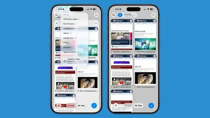 SafariのタブをAIがトピック別に自動グループ化した一覧と「Organize Tabs Automatically」のメニューが表示されたiPhone2台