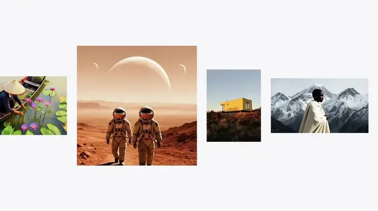 Image Playgroundで生成したフォトリアルな画像の例。火星のような地表を歩く2人の宇宙飛行士、山あいの黄色い小屋、雪山に立つ人物など