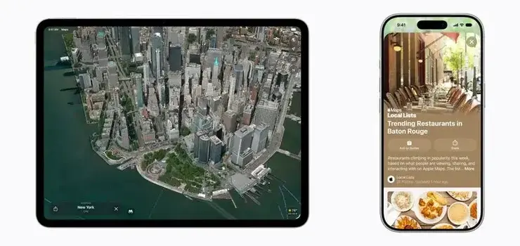マップのFlyoverで表示した高層ビル群の3D俯瞰と、レストランのLocal Listsが表示されたiPadとiPhone