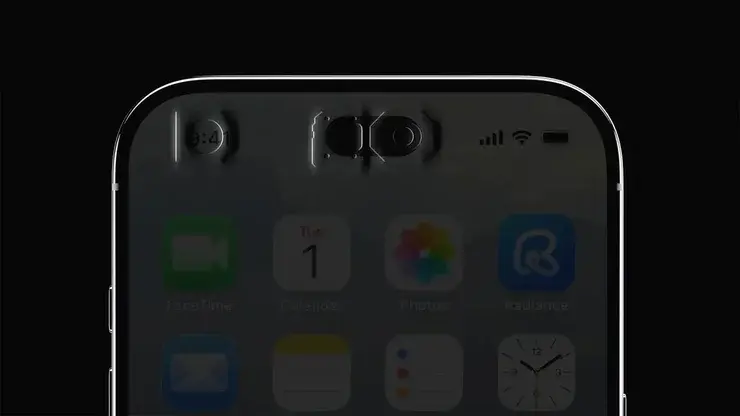 iPhone Air 2のコンセプト映像。画面上部を透かして描かれ、Face IDとフロントカメラの内部部品が見えている。下にはFaceTimeやカレンダーなどのアプリアイコンが並ぶ