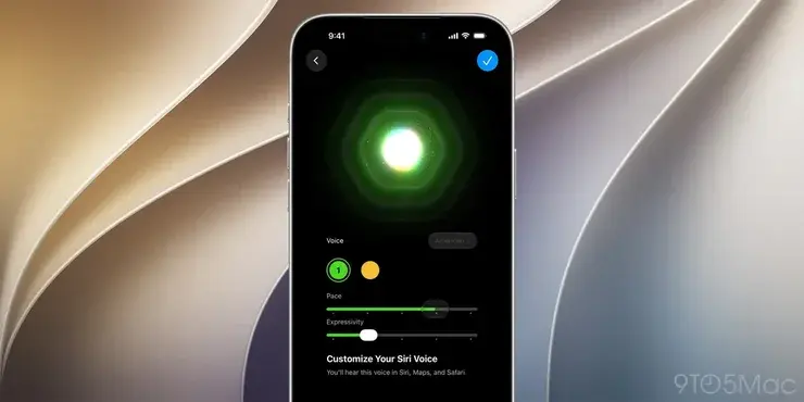 iPhoneの画面。緑色に光るSiriのアイコンの下に、PaceとExpressivityと書かれた2本のスライダーがあり、Customize Your Siri Voiceと表示されている