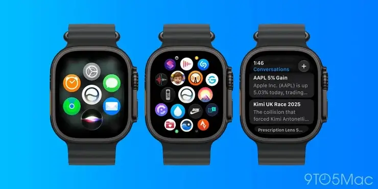 Apple Watchが3台横に並び、左は文字盤アプリのグリッド中央にSiriアプリのアイコン、中央は多数のアプリが並ぶグリッド、右はSiriが答えたニュースの一覧