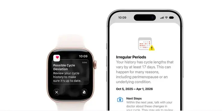 左のApple WatchにPossible Cycle Deviationという通知、右のiPhoneにIrregular Periodsという月経周期の乱れを説明する画面が表示されている