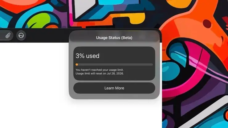 「Usage Status (Beta)」と題した利用状況パネル。3% usedと大きく表示され、進捗バーの下に使用上限には未到達で2026年7月28日にリセットされると英語で記され、下部にLearn Moreボタンがある。