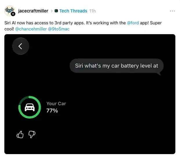 Threadsの投稿画面。Siriへ「Siri what's my car battery level at」と尋ね、車のアイコンと緑色の円グラフで「Your Car 77%」と表示されている