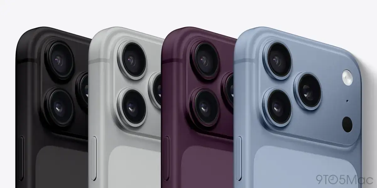 iPhone 18 Proとされる4色分のレンダリング画像。同じ端末の背面を色違いで4台並べている
