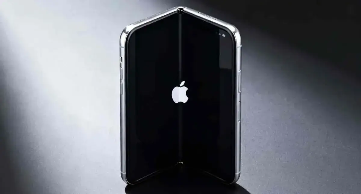 折りたたんだ状態のiPhoneのコンセプトレンダリング画像。中央にAppleのロゴが光る